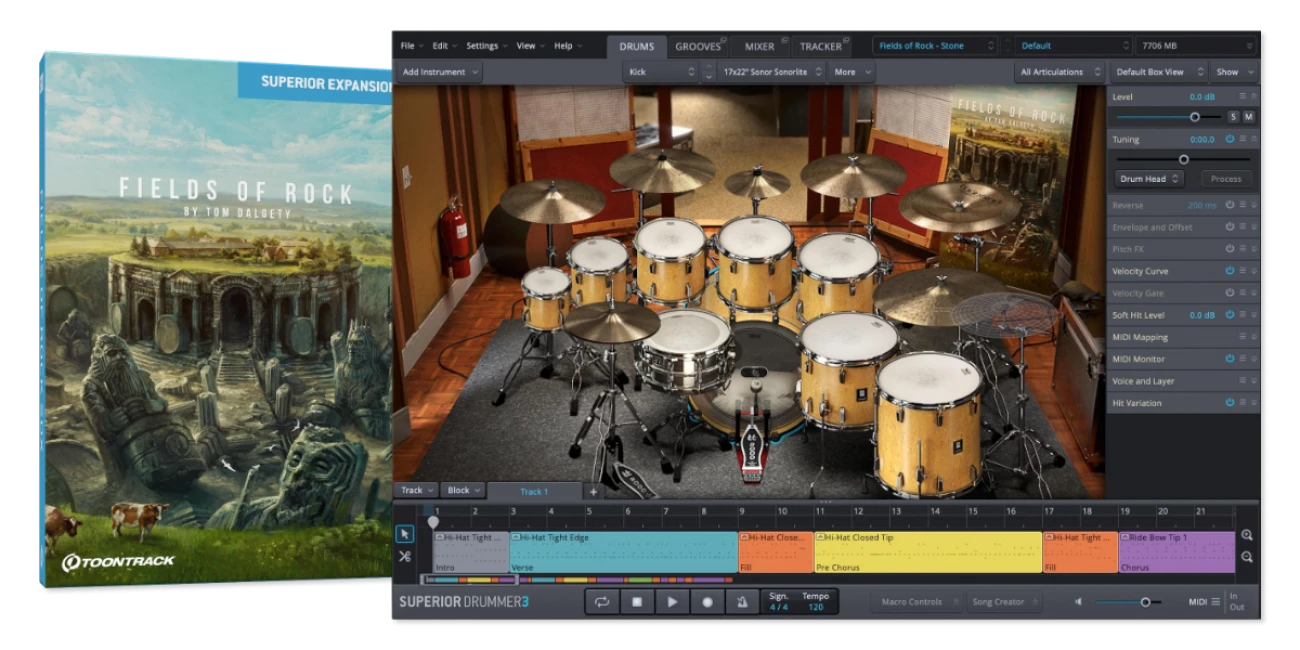 【9/30まで 26％OFF】Toontrack「SDX Fields of Rock」Queen、Rush、Oasisも録音した伝説のRockfieldスタジオサウンドを自宅で再現する7つのドラムキット｜DTMプラグインセール