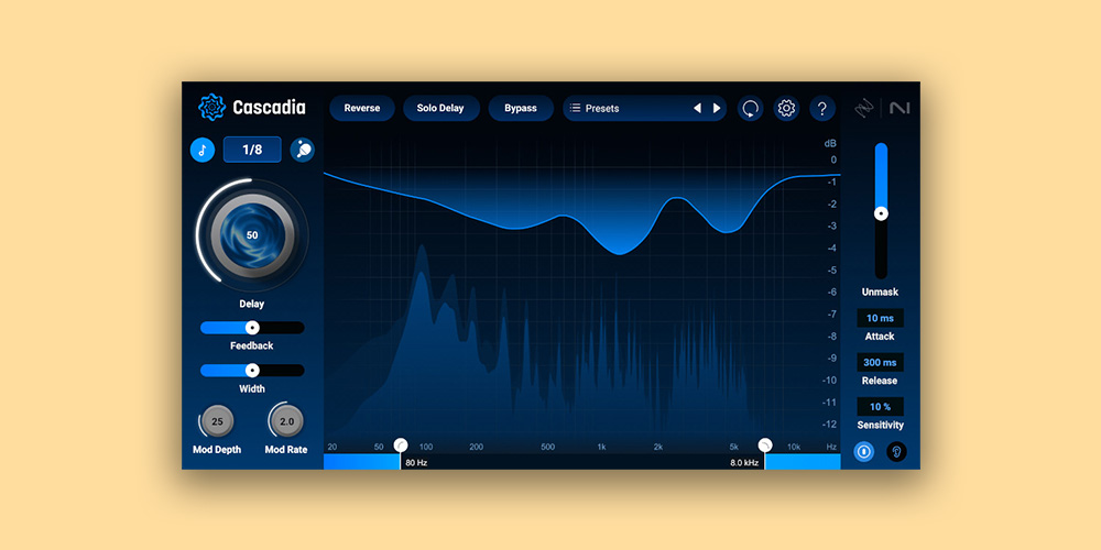 【1/5まで 20％OFF】iZotope「Cascadia」音の重なりを自動調整する次世代エフェクト！ボーカルもリズムも埋もれないインテリジェントディレイ｜DTMプラグインセール