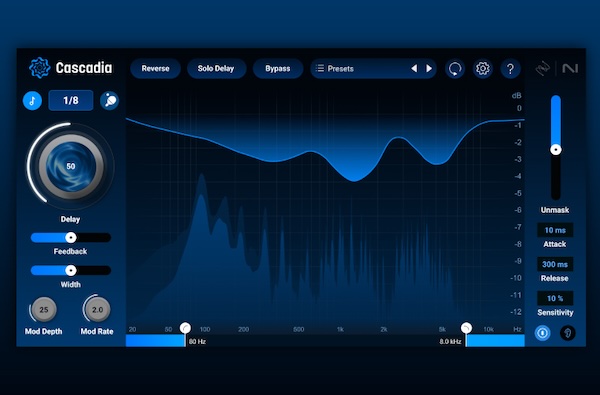 【1/5まで 20％OFF】iZotope「Cascadia」音の重なりを自動調整する次世代エフェクト！ボーカルもリズムも埋もれないインテリジェントディレイ｜DTMプラグインセール