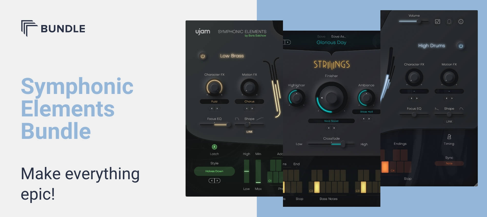 【1/6まで 62％OFF】UJAM「Symphonic Elements Bundle」誰でも簡単に映画サントラ級のオーケストラサウンドを手軽に実現！金管・打楽器・弦楽器（BRAAASS、DRUMS、STRIIIINGS）音源セット｜DTMプラグインセール