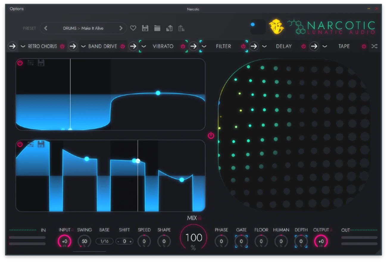 【12/20 14時まで 75％OFF】Lunatic Audio「Narcotic」音に命を吹き込む32種類のエフェクト！6系統のエフェクトチェーンで音を解き放つ革新的マルチエフェクト｜DTMプラグインセール