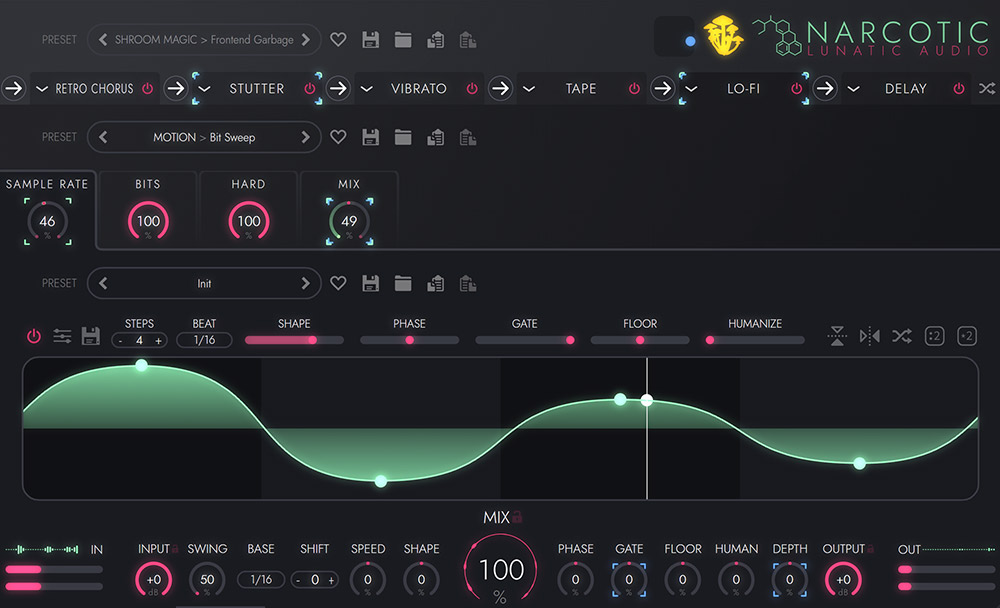 【12/20 14時まで 75％OFF】Lunatic Audio「Narcotic」音に命を吹き込む32種類のエフェクト！6系統のエフェクトチェーンで音を解き放つ革新的マルチエフェクト｜DTMプラグインセール