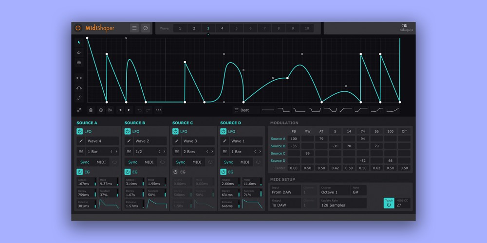 【1/6まで 40％OFF】Cableguys「MidiShaper」シンセサイザーの表現力が倍増！自分だけのLFOを描いて作る新感覚MIDI制御ツール｜DTMプラグインセール