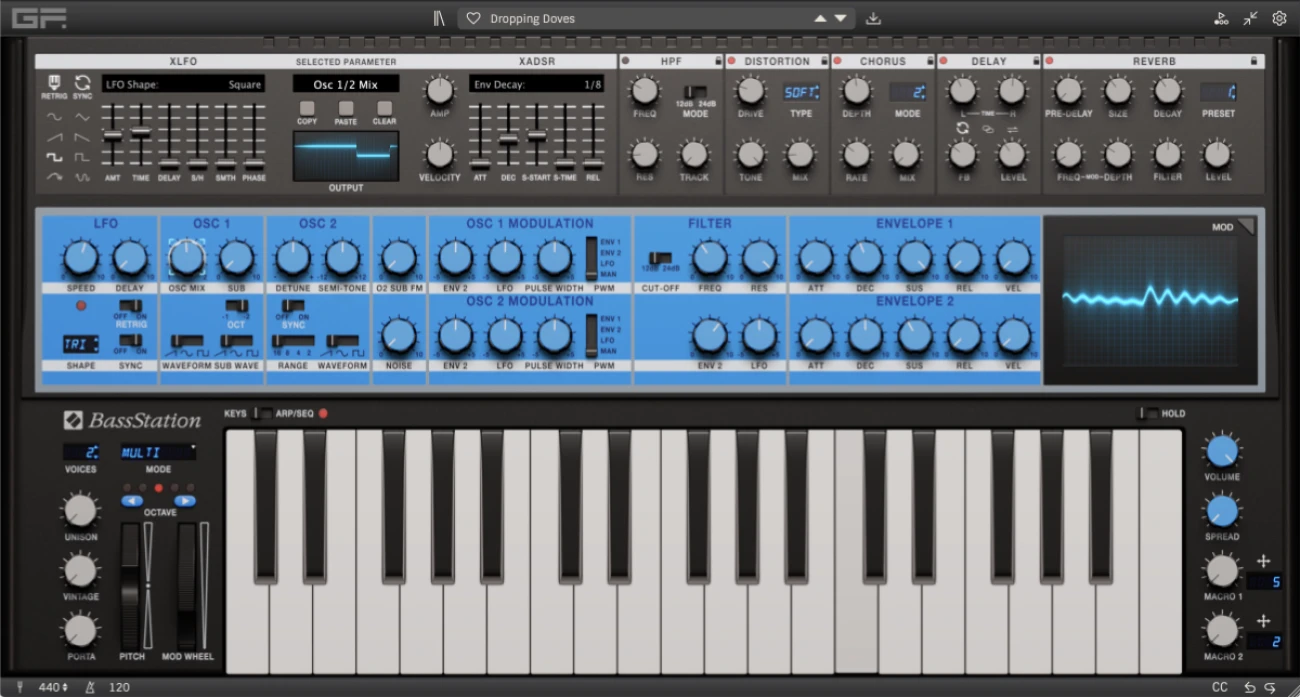 【1/28まで 50％OFF】GForce Software「Novation Bass Station」現代のポリフォニック機能を搭載！新機能（ポリフォニー、ユニゾン、シーケンサー）満載のアナログシンセサイザー｜DTMプラグインセール