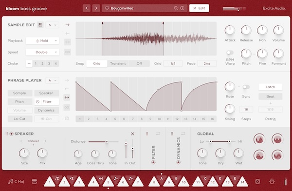 【2/28まで 33％OFF】Excite Audio「Bloom Bass Groove」スラップからフィンガーまで完全収録！フレーズプレイヤーで演奏スタイル自在の次世代ベース音源｜DTMプラグインセール