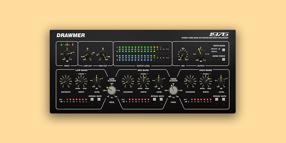 Softube「Drawmer 1976 Three Band Saturator」ボーカルは艶やかに、ベースは太く、ドラムはパンチーに！ミックスに立体感を与える3バンド×ステレオ幅コントロールで進化したサチュレーター｜DTMプラグインセール