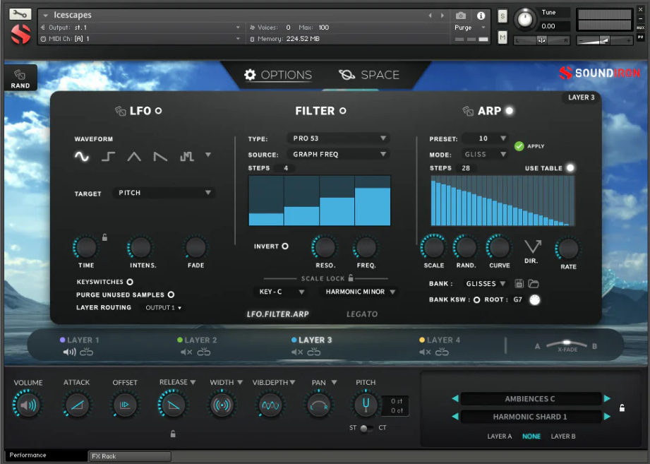 Soundiron「Icescapes」氷の響きがシンセサウンドに変化！27種のエフェクトで広がるロッキー山脈の氷上で録音した83種のウィンターサウンド｜DTMプラグインセール