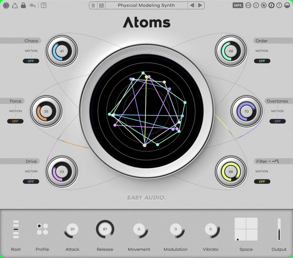 Baby Audio「Atoms」サンプル音源では再現不可能！生命体のように進化する音作りができる物理モデリングシンセ｜DTMプラグインセール