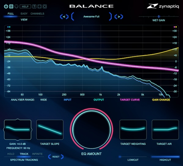 Zynaptiq「BALANCE」すでに良いサウンドを"さらに良く"する魔法のツール！簡単なコントロールで全体のサウンドバランスを最適化するターゲットEQカーブに自動適応のスマートイコライザー｜DTMプラグインセール