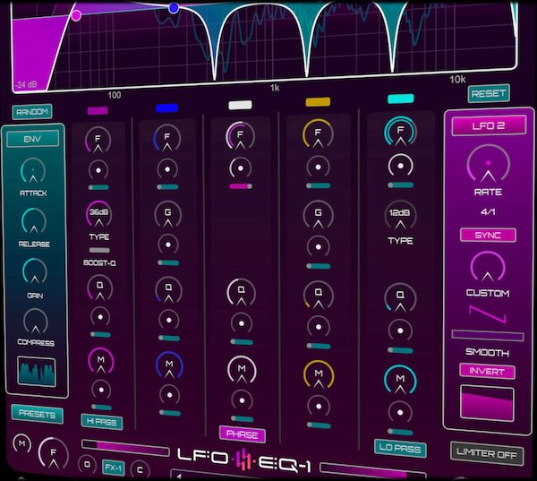 DHPlugins「LFO-EQ」オールパスフィルターモードと内蔵エフェクト搭載であらゆる音源に動きとリズムを加える！周波数・ゲイン・Qファクター・バンドミックスを変調できる革命的EQプラグイン｜DTMプラグインセール