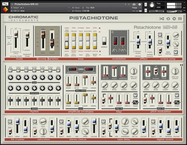 Chromatic Instruments「Pistachiotone MR-65」1983年製ミニキーボードを完全再現！オリジナルプリセット・自動コード機能・リズムエディット搭載の無料Kontakt音源｜DTMプラグインセール