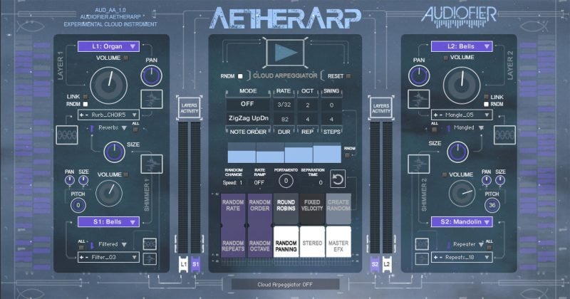 Audiofier「AetherArp」シネマティックサウンド制作の最終兵器！クラウドアルペジエーターで進化する音、4つのサウンドエンジンによる奥深いサウンドスケープ、200種類以上のインパルスレスポンスで誰でも簡単に幻想的なアンビエント＆シネマティック音楽を作成可能｜DTMプラグインセール