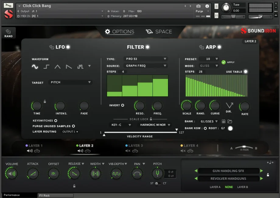 Soundiron「Click Click Bang!」銃器ハンドリングから発射音まで！18種類の銃器音を収録した銃声と打楽器が融合した革新的サウンドデザインツール｜DTMプラグインセール