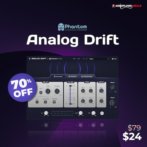 Phantom Sounds「Analog Drift」透明感あふれるクリーンディレイから、ドリーミーなローファイ空間演出、そして本物のテープフィールまで!単なるディレイに留まらない、サウンドに豊かな表情と奥行きを与える革新的プラグイン|DTMプラグインセール