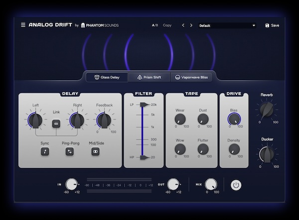 Phantom Sounds「Analog Drift」透明感あふれるクリーンディレイから、ドリーミーなローファイ空間演出、そして本物のテープフィールまで!単なるディレイに留まらない、サウンドに豊かな表情と奥行きを与える革新的プラグイン|DTMプラグインセール