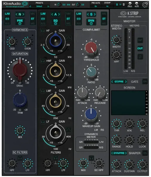 Kiive Audio「KStrip」パンチのあるミッド、温かみのあるロー、精密なサージカルEQ！プリアンプ・EQ・コンプレッサーそれぞれに3種類の回路を選べる、世界で最も人気の高い3種類のコンソールを融合させた究極のチャンネルストリップ｜DTMプラグインセール