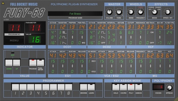 Full Bucket Music「Fury-68」80年代の名機KORG Poly-61を再現しつつ進化させた無料シンセ!ユニゾンモード・高解像度パラメータ・エフェクト内蔵など、現代機能を融合した次世代ポリフォニック・シンセ|DTMプラグインセール