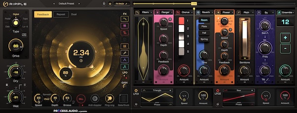 PROCESS.AUDIO「Ripple」プロも驚く視覚的ディレイデザインツール!サンドウェイブディスプレイで音をビジュアル化し、デジタル・テープ・ペダル・ディスク・ローファイの5種類のディレイカラーとカスタムエコーパターンを作成できるRepeatモードを搭載した次世代ディレイプラグイン|DTMプラグインセール