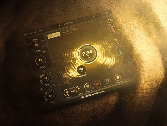 PROCESS.AUDIO「Ripple」プロも驚く視覚的ディレイデザインツール!サンドウェイブディスプレイで音をビジュアル化し、デジタル・テープ・ペダル・ディスク・ローファイの5種類のディレイカラーとカスタムエコーパターンを作成できるRepeatモードを搭載した次世代ディレイプラグイン|DTMプラグインセール