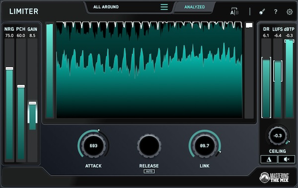 Mastering The Mix「LIMITER」クリーンかつ透明感のある大音量サウンドを簡単に実現!スマート解析機能であなたの楽曲を自動分析し、最適なラウドネス、アタック、リンク、シーリング設定を提案する次世代マスタリングリミッター|DTMプラグインセール