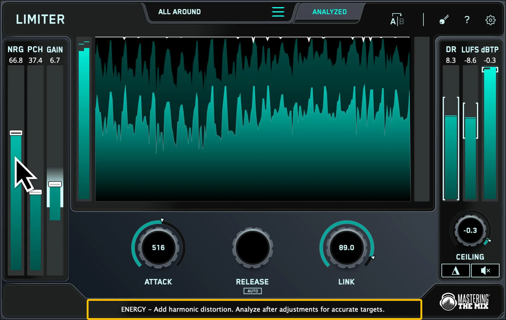 Mastering The Mix「LIMITER」クリーンかつ透明感のある大音量サウンドを簡単に実現!スマート解析機能であなたの楽曲を自動分析し、最適なラウドネス、アタック、リンク、シーリング設定を提案する次世代マスタリングリミッター|DTMプラグインセール