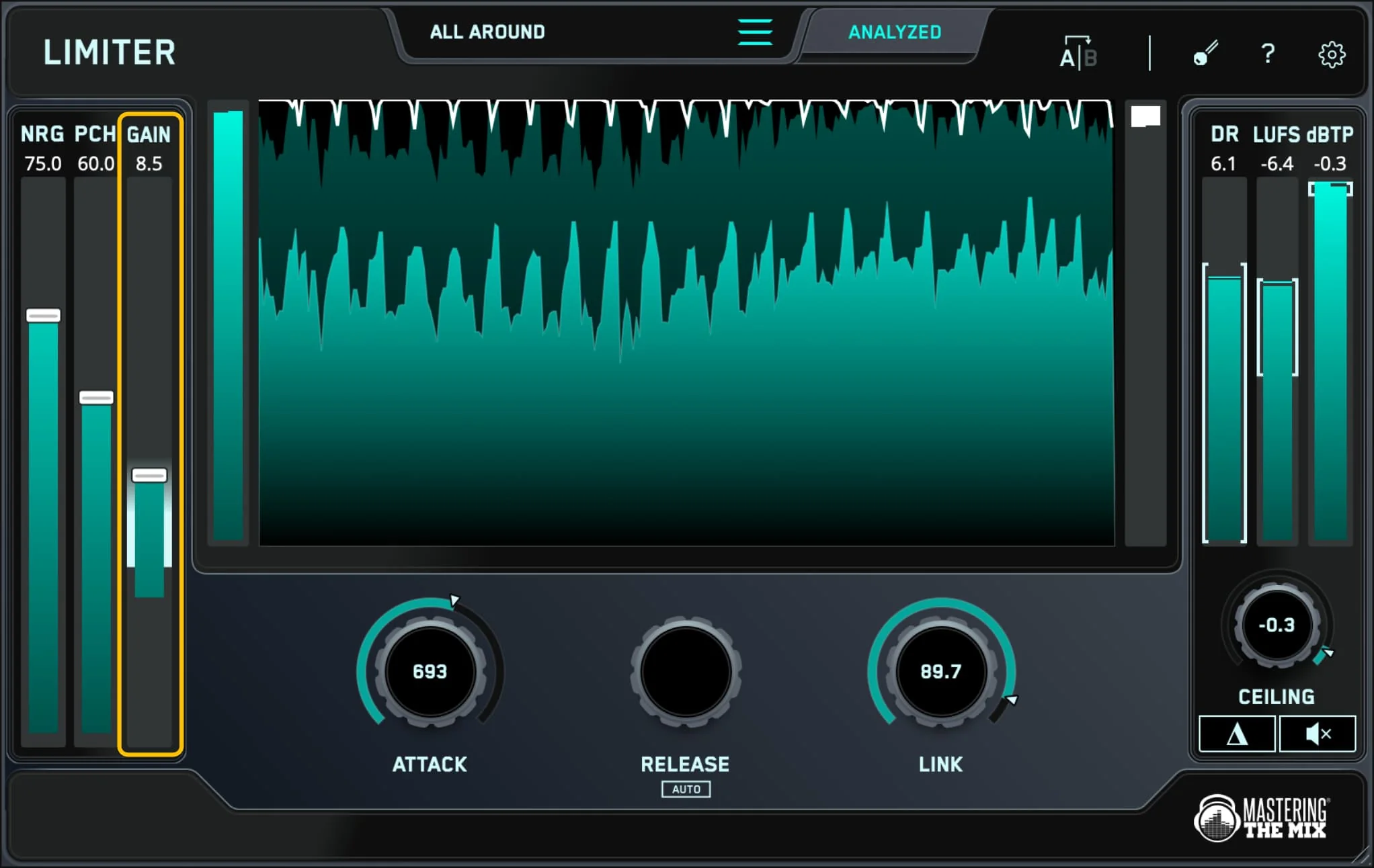 Mastering The Mix「LIMITER」クリーンかつ透明感のある大音量サウンドを簡単に実現!スマート解析機能であなたの楽曲を自動分析し、最適なラウドネス、アタック、リンク、シーリング設定を提案する次世代マスタリングリミッター|DTMプラグインセール