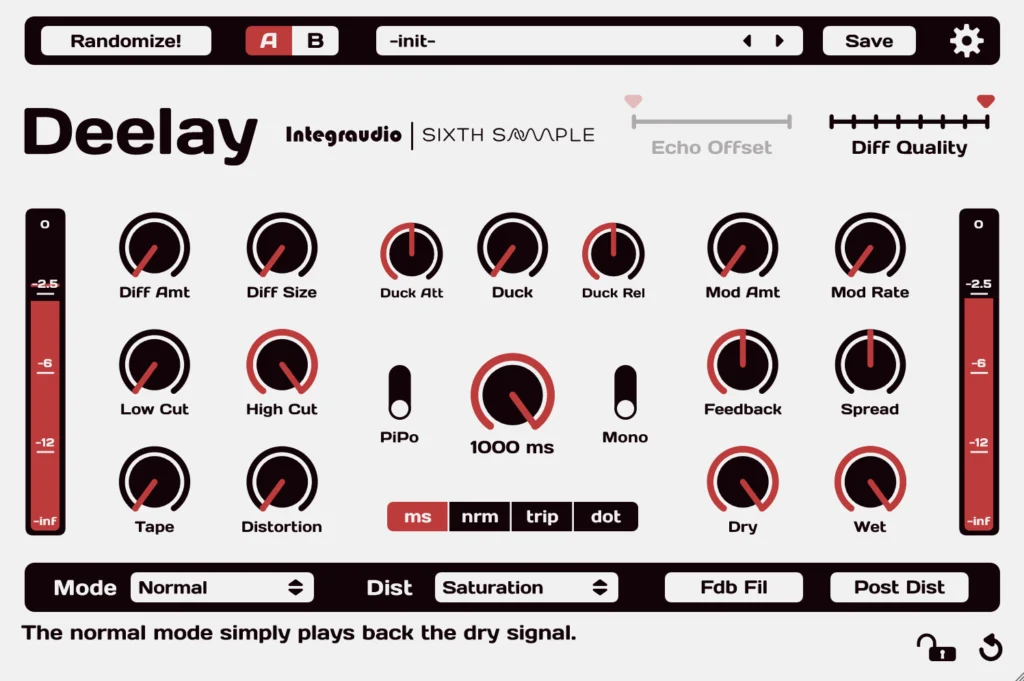 Sixth Sample「Deelay」ディレイ・リバーブ・歪み・モジュレーションを1つに詰め込んだ全方位型エフェクト!5つのディレイモード+100プリセット+A/B比較機能で音作りの幅が一気に広がる多機能プラグイン|DTMプラグインセール