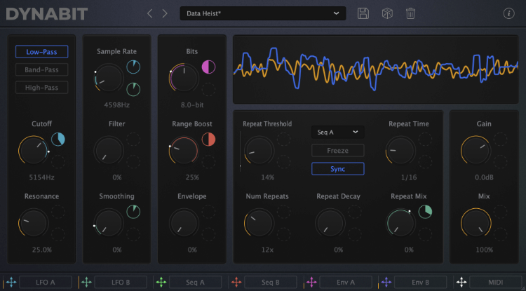 Caelum Audio「DynaBit」直感的な操作で複雑なビットクラッシュサウンドを実現!3種類の高機能フィルター、サンプルレート制御、ビット操作、ビートリピート機能を搭載し、50種類のプリセットを内蔵した万能デジタルエフェクト|DTMプラグインセール