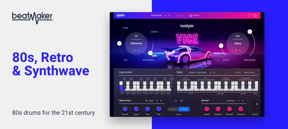UJAM「BeatMaker Vice」シンセウェイブ制作の必須ツール!誰でも簡単、指1本でレトロフューチャーなドラムトラックを作成できる、アナログドラムマシンの名機を一台に集約したドラムマシン|DTMプラグインセール