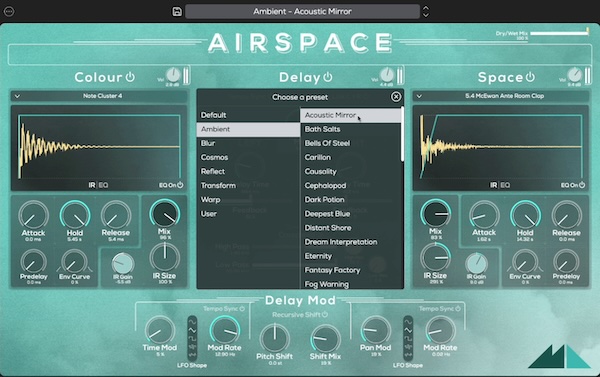 ModeAudio「Airspace」ヒップホップやハウスの活気あるリバーブからアンビエントプロジェクトの輝くサウンドの海まで!コンボリューションリバーブとステレオディレイエフェクトを融合した強力な空間処理プラグイン|DTMプラグインセール
