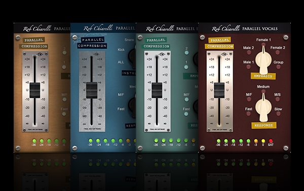 Final Mix Software「4-in-1 Parallel Bundle」音に厚みが出ない…と悩む人へ!アコースティックギター、ドラム、エレキギター、ボーカル専用に最適化された4種類のパラレルコンプレッサーセット|DTMプラグインセール
