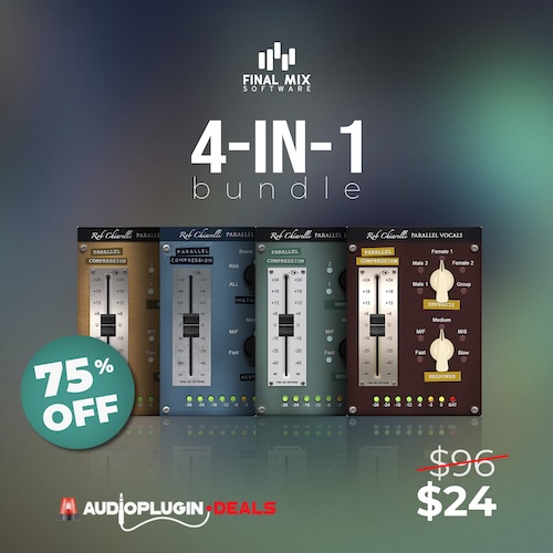 Final Mix Software「4-in-1 Parallel Bundle」音に厚みが出ない…と悩む人へ!アコースティックギター、ドラム、エレキギター、ボーカル専用に最適化された4種類のパラレルコンプレッサーセット|DTMプラグインセール