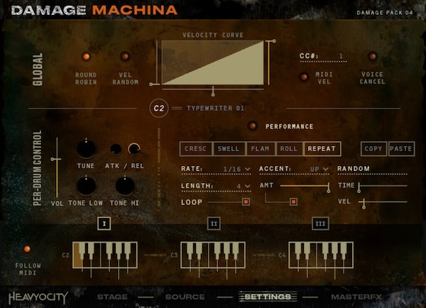 Heavyocity「Damage Machina」強力なDamage 2エンジンが駆動する機械的リズムの芸術!工業用歯車、タイプライター、骨董品のトラクター、ピンボールマシンの力強く汚れた金属音が生み出す型破りでインスピレーションに満ちた比類なきパーカッションコレクション