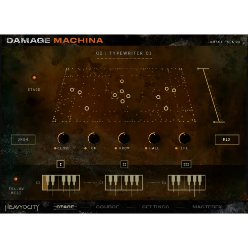 Heavyocity「Damage Machina」強力なDamage 2エンジンが駆動する機械的リズムの芸術!工業用歯車、タイプライター、骨董品のトラクター、ピンボールマシンの力強く汚れた金属音が生み出す型破りでインスピレーションに満ちた比類なきパーカッションコレクション