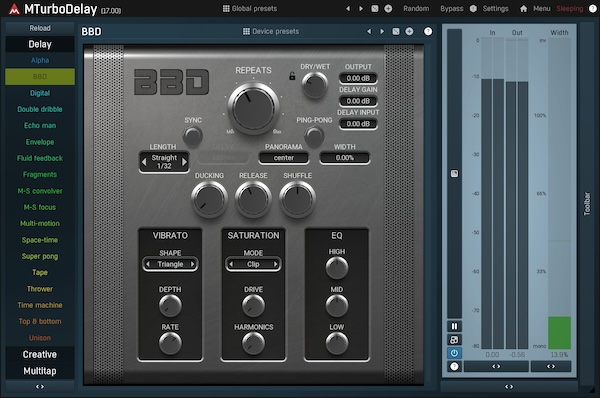 MeldaProduction「MTurboDelay」41種類のディレイアルゴリズムを1つのプラグインに凝縮!複数タップ、高度なフィードバック処理、フィルタリング、ピッチシフティング、ディストーションなどの多彩な機能で、平凡なサウンドを魅惑的な音響体験へと変貌させる次世代ディレイプロセッサー|DTMプラグインセール