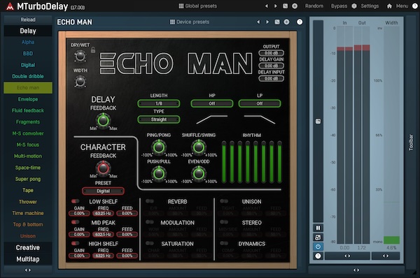 MeldaProduction「MTurboDelay」41種類のディレイアルゴリズムを1つのプラグインに凝縮!複数タップ、高度なフィードバック処理、フィルタリング、ピッチシフティング、ディストーションなどの多彩な機能で、平凡なサウンドを魅惑的な音響体験へと変貌させる次世代ディレイプロセッサー|DTMプラグインセール