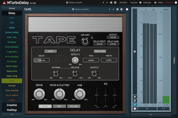 MeldaProduction「MTurboDelay」41種類のディレイアルゴリズムを1つのプラグインに凝縮!複数タップ、高度なフィードバック処理、フィルタリング、ピッチシフティング、ディストーションなどの多彩な機能で、平凡なサウンドを魅惑的な音響体験へと変貌させる次世代ディレイプロセッサー|DTMプラグインセール