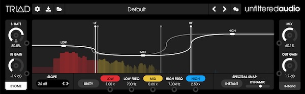 Brainworx「Unfiltered Audio TRIAD」BYOME技術を3倍に進化させたマルチバンドプロセッサー!低域・中域・高域を独立処理し、複雑なディストーションから繊細なディレイまで、従来のプラグインを凌駕する圧倒的な3バンド周波数分割処理能力を実現する革命的オーディオエフェクト|DTMプラグインセール