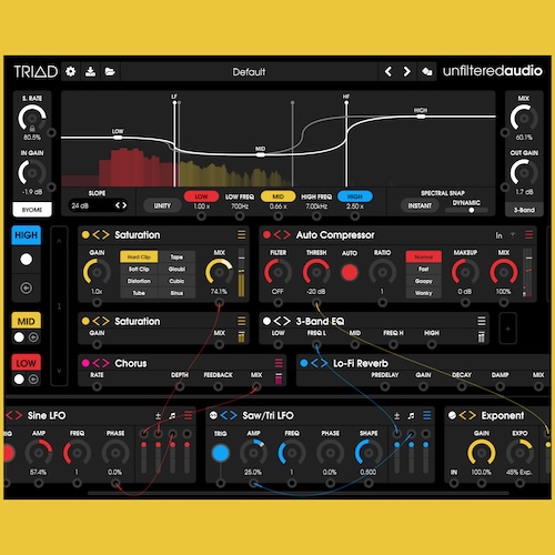 Brainworx「Unfiltered Audio TRIAD」BYOME技術を3倍に進化させたマルチバンドプロセッサー!低域・中域・高域を独立処理し、複雑なディストーションから繊細なディレイまで、従来のプラグインを凌駕する圧倒的な3バンド周波数分割処理能力を実現する革命的オーディオエフェクト|DTMプラグインセール