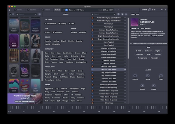 ROLI「Equator2」タッチの強弱から滑らかなピッチベンドまで!6つのシンセエンジンとMPE対応で究極の表現力を実現する次世代マルチシンセサイザー|DTMプラグインセール