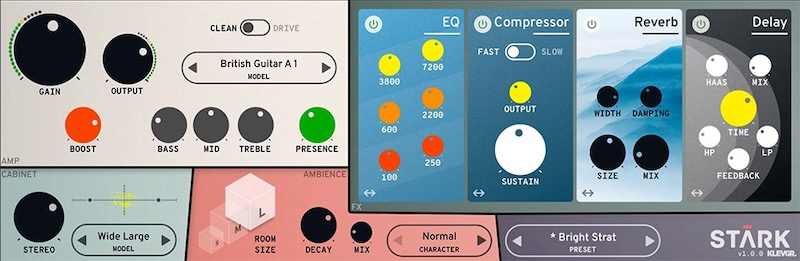 Klevgrand「STARK」12種類のアンプと10種類のキャビネットを自由に組み合わせる快感!コンボリューションもFFT解析も使わない、独自アルゴリズムが実現する自然なダイナミクスレスポンスのアンプシミュレーター|DTMプラグインセール