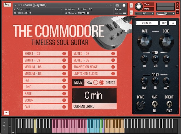 Authentic Soundware「The Commodore」リフ、コード、オクターブ、ループ、すべてを網羅した究極のギター音源!ビンテージギターのニュアンスが誰でもすぐに表現できる、リアルなコード演奏とオクターブストロークが自在に操れるソウル・ギター音源|DTMプラグインセール