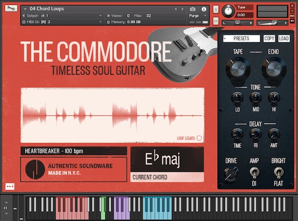 Authentic Soundware「The Commodore」リフ、コード、オクターブ、ループ、すべてを網羅した究極のギター音源!ビンテージギターのニュアンスが誰でもすぐに表現できる、リアルなコード演奏とオクターブストロークが自在に操れるソウル・ギター音源|DTMプラグインセール