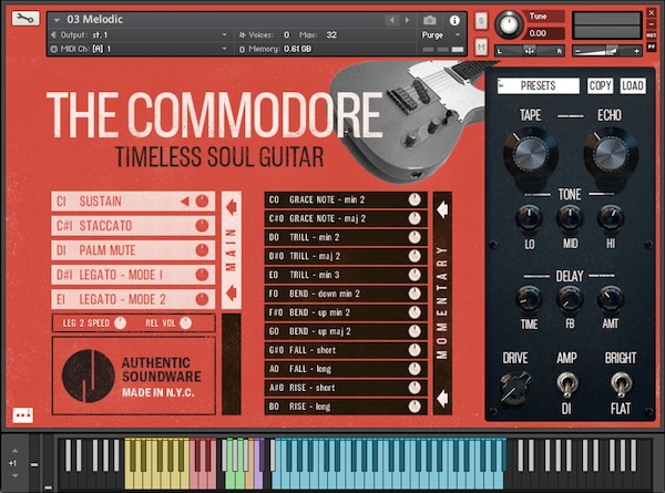 Authentic Soundware「The Commodore」リフ、コード、オクターブ、ループ、すべてを網羅した究極のギター音源!ビンテージギターのニュアンスが誰でもすぐに表現できる、リアルなコード演奏とオクターブストロークが自在に操れるソウル・ギター音源|DTMプラグインセール