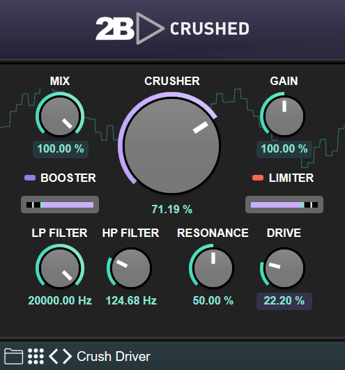 2B Played Music「2B CRUSHED」シンプルだけど超強力!ミックスの最終調整に“粗さ”を足す、サチュレーション・クラッシュ・ディストーションの三重奏で音を“生かす”プラグイン|DTMプラグインセール