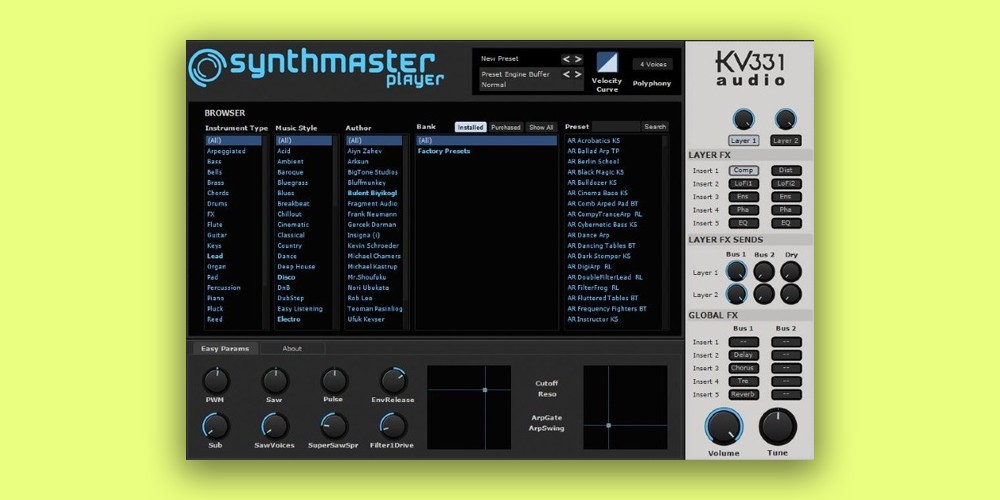 KV331 Audio「SynthMaster Player」音作りが苦手でも大丈夫!シンセ初心者でも、2000プリセットで“今すぐ使える”プロ級サウンドが手に入る、プリセット特化の軽量高音質シンセ|DTMプラグインセール