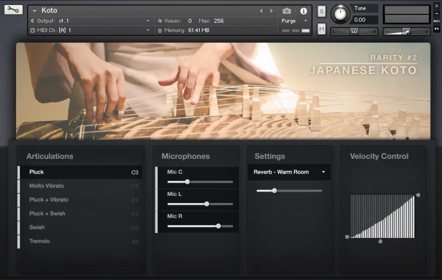 FluffyAudio「KOTO」箏(こと)の音色を極限までリアルに再現!和風BGM制作や映像音楽で圧倒的な存在感を放つ、6種のアーティキュレーションと3つのマイキングで再現するKontakt音源|DTMプラグインセール