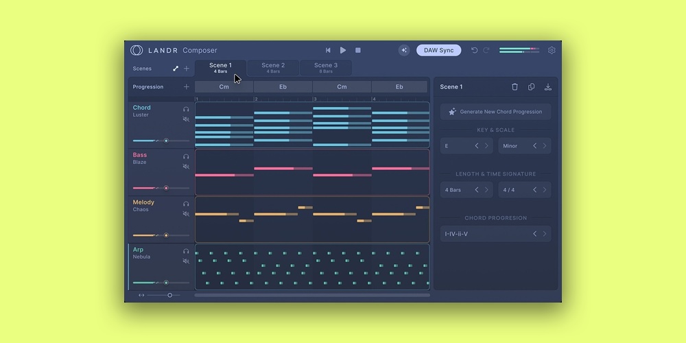 「LANDR Composer」音楽理論不要でプロ級コード進行を生成!あなたの音楽スタイルに合わせて、AIがコード進行、メロディ、ベースライン、アルペジオを自動生成する作曲支援ツール|DTMプラグインセール