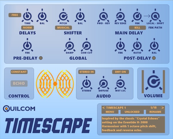 Quilcom「TIMESCAPE」ピッチも時間も反転も、全部盛りのエフェクト体験!アンビエント・エクスペリメンタル・サウンドデザインに最適な、リバース・ピッチシフト・多層エコーを自在に操る無料VST|DTMプラグインセール
