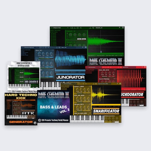 Audio Blast「Hard Techno Bundle」攻撃的なキック、刺さるスネア、抜けるベースがこの1本で揃う!90年代レイヴサウンドを完全再現&即戦力プリセットを1,400種類以上収録したHard Techno・Hardcore・Gabber制作者のための最強音源バンドル|DTMプラグインセール